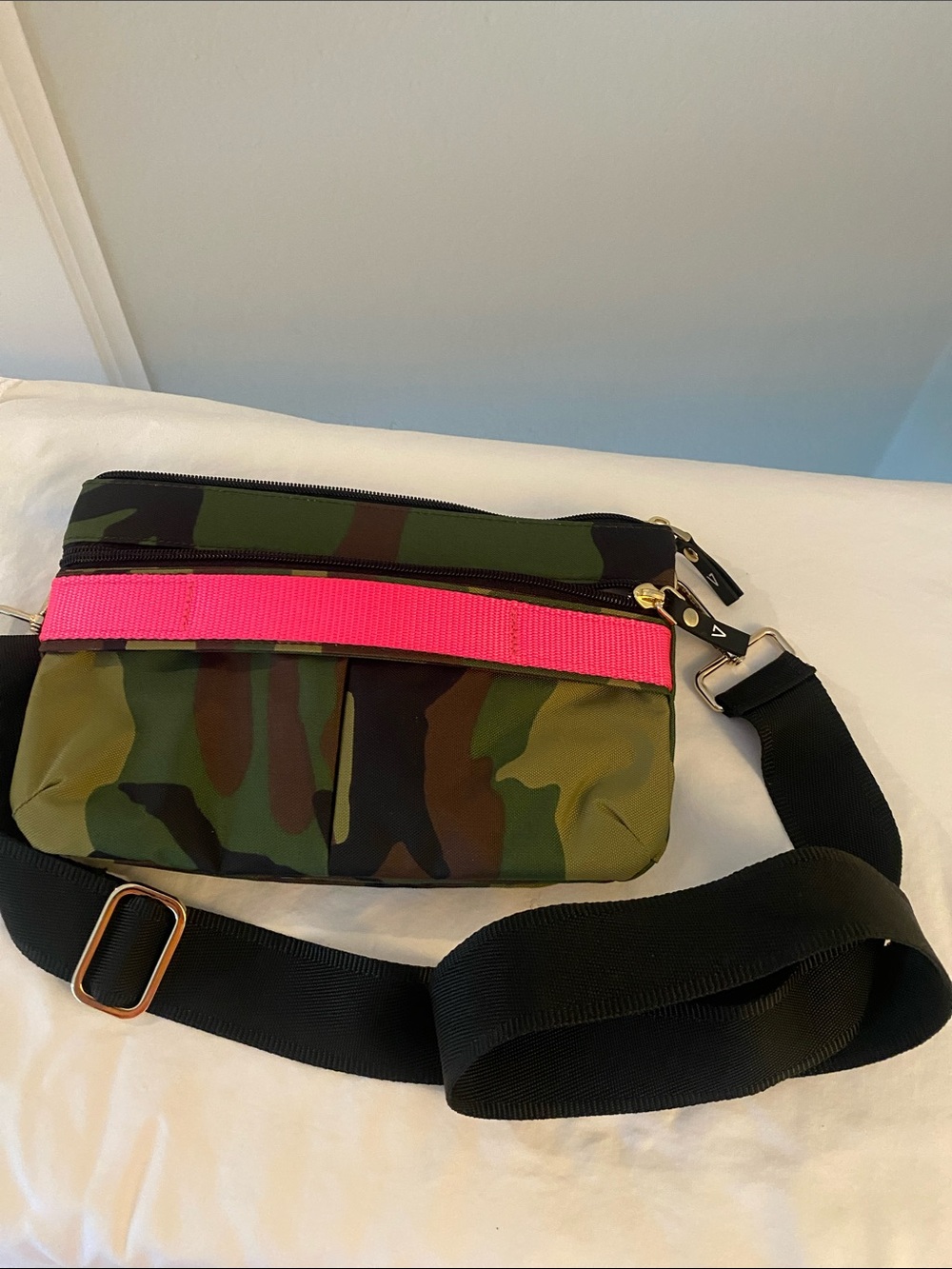 Camo Crossbody Bag with Pink Accent Strap